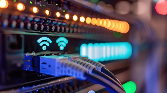 Close-up of a network server with glowing Wi-Fi symbol and connected cables in a server room