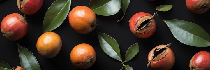 sapodilla fruits and leaves on plain black background from Generative AI