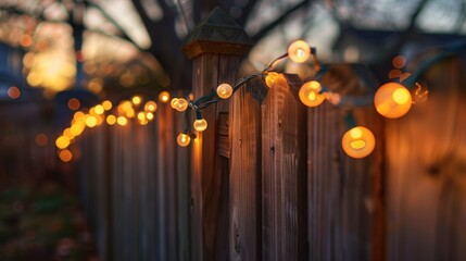 Warm glowing string lights adorning a rustic wooden fence creating a cozy festive atmosphere with bokeh effect in a generative ai image - Powered by Adobe