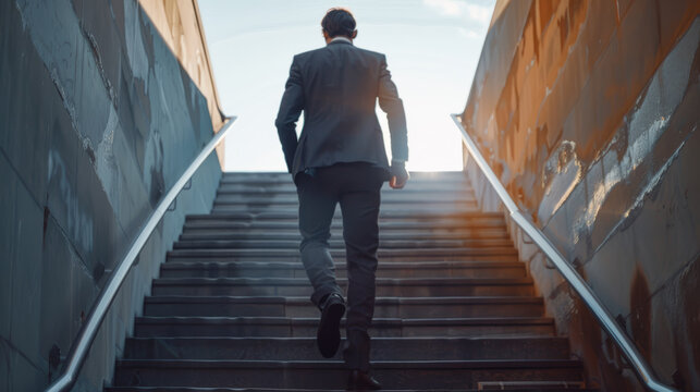A businessman is running up a stairway to reach his goals. Business and success concept.