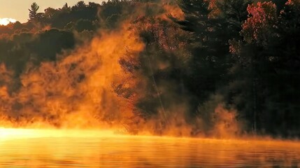 Obraz premium A bird soaring over an orange-yellow smoky forest near a waterbody