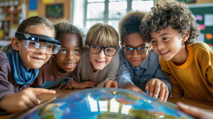 school kids looking world globe - Powered by Adobe