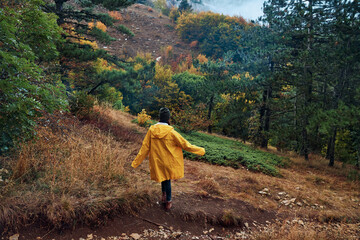 A woman hiking on a scenic mountain trail surrounded by colorful autumn foliage in a yellow raincoat