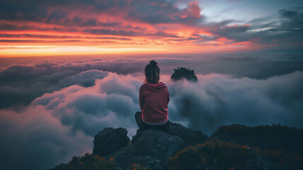 Obraz premium Young woman seated atop a mountain, overlooking clouds at sunset, presenting a fantastical vista of nature's wonders, evoking awe and serenity in the breathtaking beauty of the landscape.