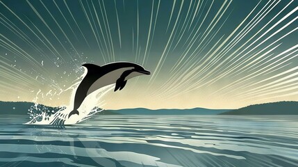 Fototapeta premium Painting of a Dolphin Jumping Out of Water with Sunburst in Background