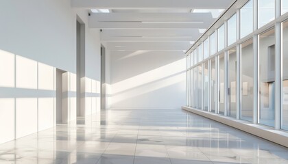 A modern art gallery interior with white walls, large windows, and sunlight, highlighting a clean and bright exhibition space