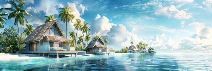 Obraz premium A painting depicting a tropical island with lush palm trees and a serene beachfront, set against a backdrop of azure sea. Generative AI