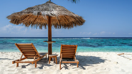 Fototapeta premium A pair of chairs rests under a straw umbrella on the sand beside a water body