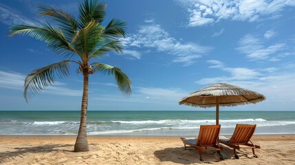   Two lawn chairs beneath a straw umbrella on a beach surrounded by palm trees and the ocean as the backdrop