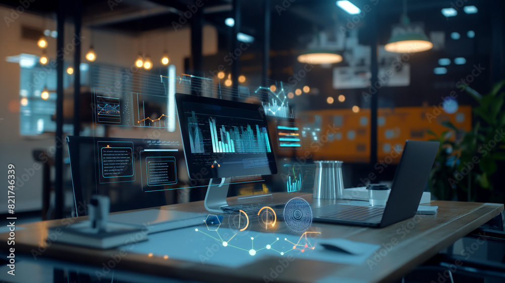 Poster business data statistics virtual display through augmented reality technology over a table in modern