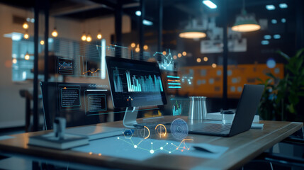 business data statistics virtual display through augmented reality technology over a table in modern office, digital business analysis, growth sales progress data stats 
