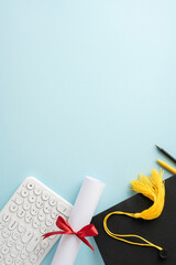 A conceptual vertical image with graduation cap, diploma tied with red ribbon, yellow tassel, and a...