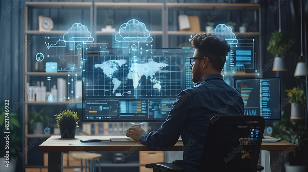 Poster Futuristic Cloud Computing Workspace with Interactive Data Dashboards and Real Time Analytics