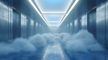 Futuristic Data Center with Efficient Cloud Computing Infrastructure and Automated Processes in Sleek Blue Lit Environment