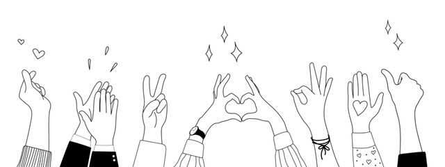Doodle sketch hands up gestures comic icons silhouettes vector set. Group of line art fun comic hands in the air. Voting or happy congratulation audience recognition symbols.