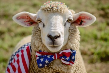 Sheep adorned with a festive American flag bow tie and colorful beads, outdoors in a grassy field. 4th of July, american independence day, memorial day concept