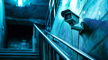 A CCTV camera mounted on the side of a staircase, monitoring the area for security purposes