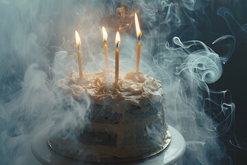 A delicious cake with four lit candles surrounded by smoke, creating a mystical and celebratory atmosphere. - Powered by Adobe