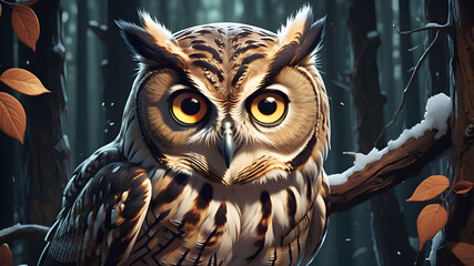 A mesmerizing cartoon of an owl, its piercing eyes gazing into the unknown, encapsulates the wild...