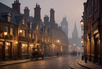 Fototapeta premium Night Scene of a Cobblestone Street in an Old European Town