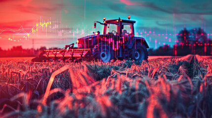 A tractor drives through a field while a stock chart looms in the background, symbolizing the intersection of agriculture and finance