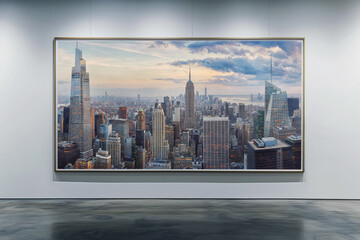 big skyline New York City panorama after sunset at night. View into a modern gallery