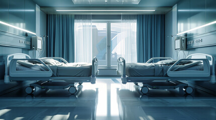 Two hospital beds positioned side by side in a room with blue walls, creating a sense of calm and...