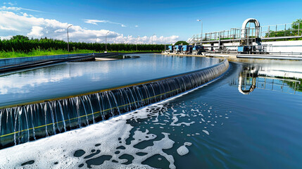 A water treatment plant is seen with clean water flowing out, showcasing the process of water purification and environmental stewardship