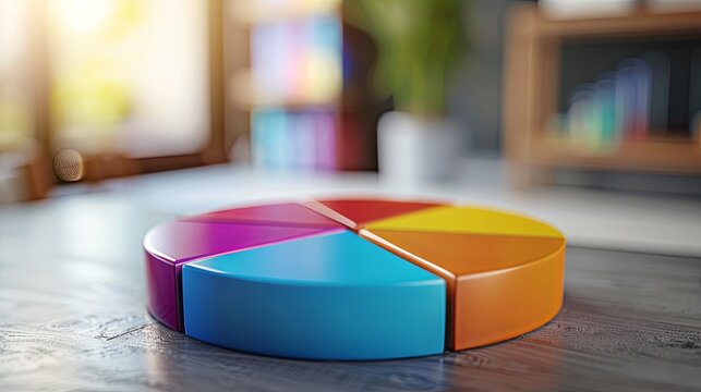 Colorful 3D pie chart on wooden desk in modern office, representing data analysis, business growth, and statistical information.