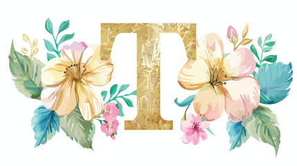 Golden letter t with watercolor flowers and leaf. 