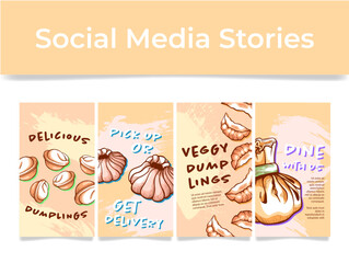 Delicious dumplings food menu retro engraved style social media stories design template set vector