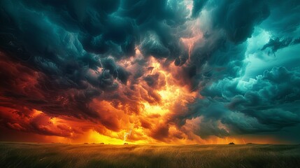 Fototapeta premium Dramatic sunset storm clouds over a field with vivid colors. Perfect nature background showcasing the power and beauty of a stormy sky.
