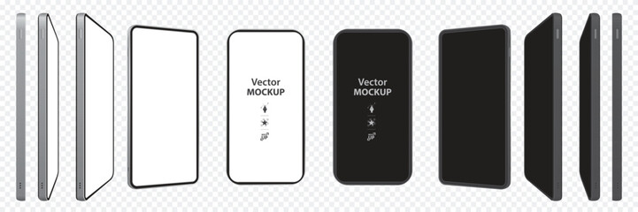 Mobile Phone Vector Mockup With Perspective Views. Black and white smartphone screens isolated on transparent background.