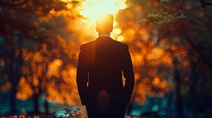 Silhouette of man in suit walking through forest at sunset, vibrant orange hues creating a dramatic and serene atmosphere.