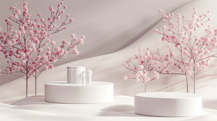 Product display podiums for product presentation set in a spring-themed scenario, featuring a cherry tree against a pink background.