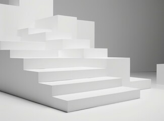 3D rendering of a white staircase leading up to a higher level. AI.