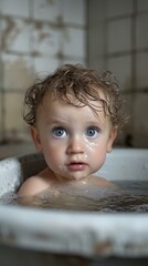 An adorable baby sits in a bathtub, looking at the camera with big, curious eyes. AI.