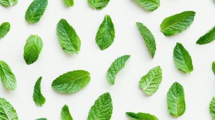 Fresh Green Mint Leaves on White Background