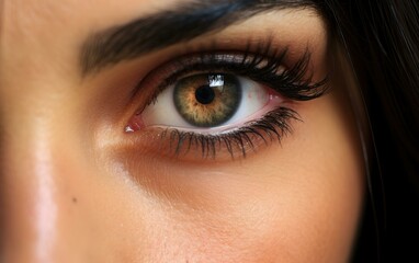 Fototapeta premium Close-up of a woman's brown eye with long black eyelashes. AI.