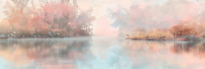 Naklejka premium A tranquil pastel riverbank with soft reflections in the water