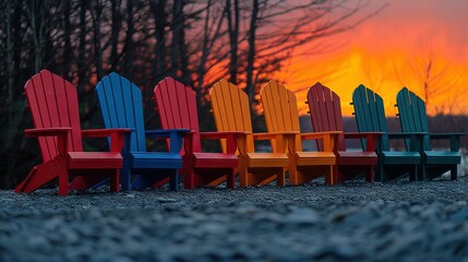 Obraz premium Adirondack chairs in bright colors on gravel, in front of a fiery sky