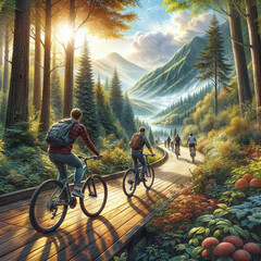 Fototapeta premium People riding bicycles on scenic trails