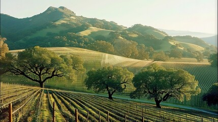 Fototapeta premium A picturesque image of a vineyard surrounded by trees and rolling hills