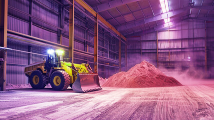 A bulldozer moves gracefully through a warehouse filled with towering bags of pink sand, creating a surreal and vibrant scene