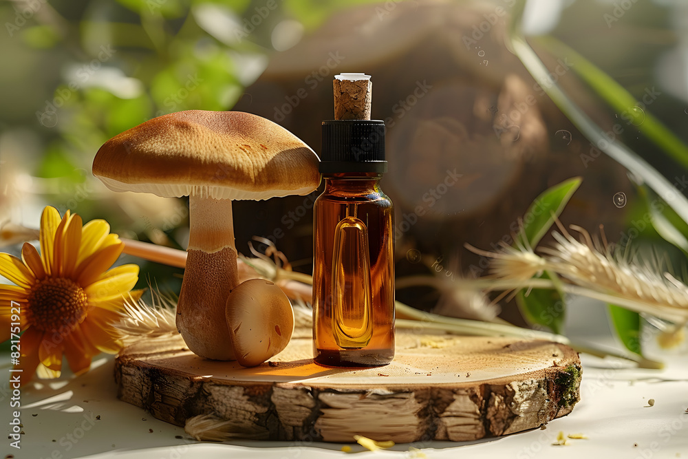 Sticker Mushroom essential oil bottle product mockup template design AI