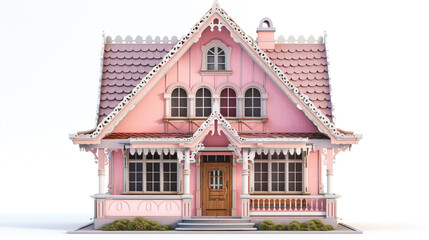 A pastel pink German cottage in 3D, featuring gingerbread trim and a cozy front porch, set over a white background.