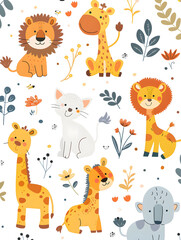 Naklejka premium Adorable mid-century modern cartoon safari animals with colorful leaves. Perfect for children's