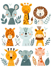 Obraz premium Adorable mid-century modern cartoon safari animals with colorful leaves. Perfect for children's