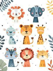 Adorable mid-century modern cartoon safari animals with colorful leaves. Perfect for children's