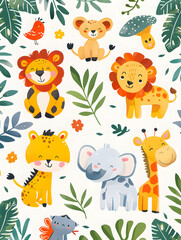 Naklejka premium Adorable mid-century modern cartoon safari animals with colorful leaves. Perfect for children's